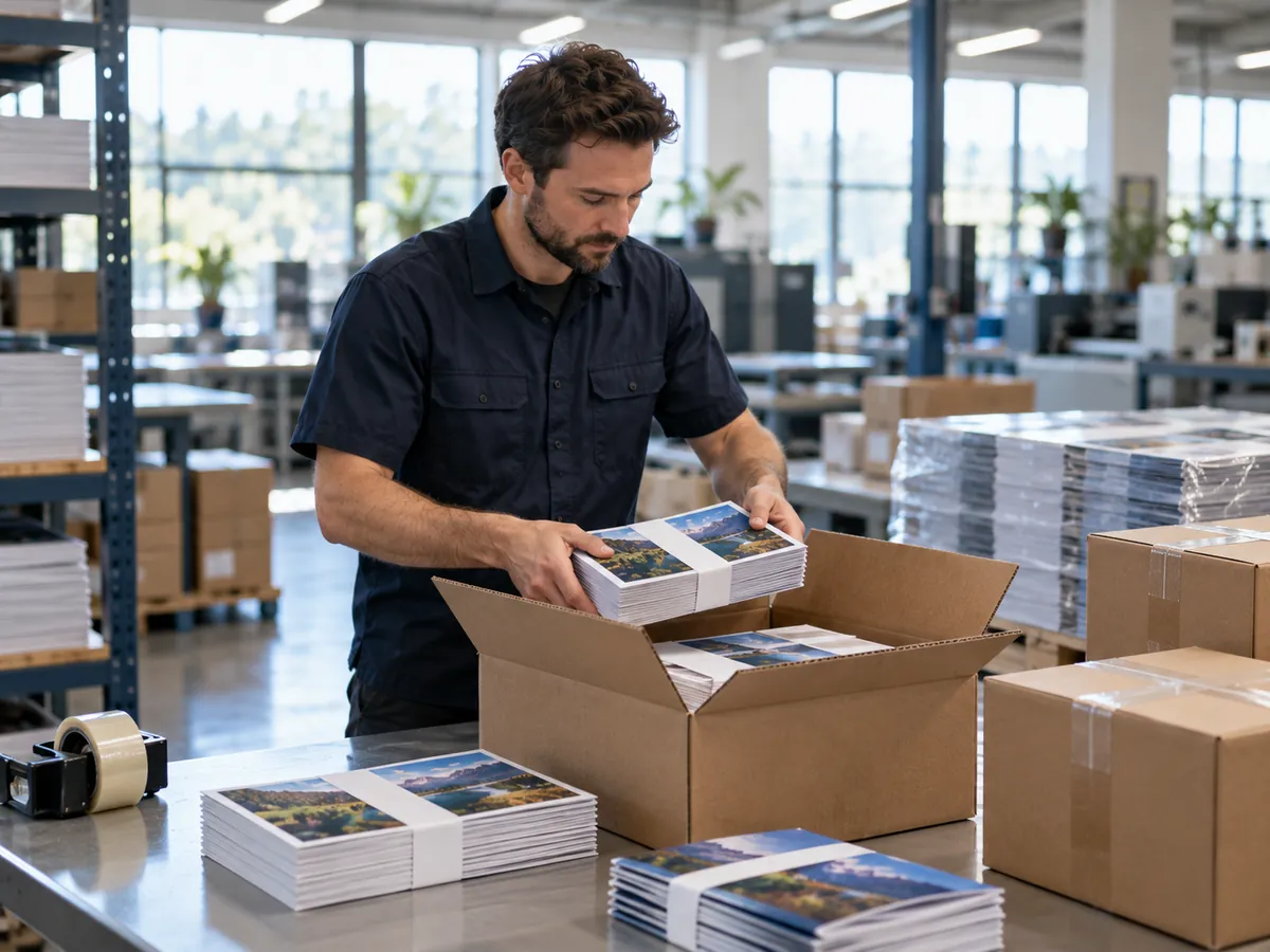 Banded stacks of printed postcards being packed into a shipping box