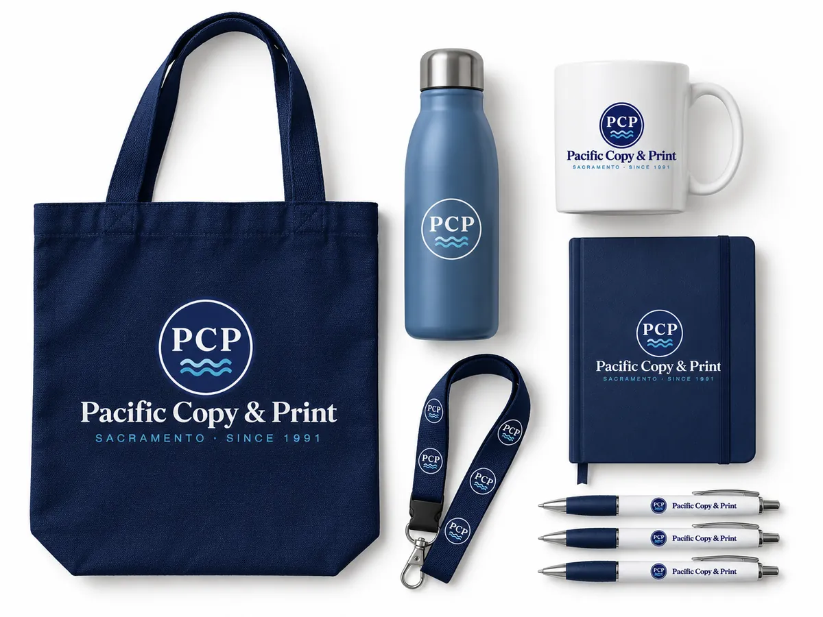 A tote bag, water bottle, mug, notebook, lanyard and pens printed with the Pacific Copy & Print logo