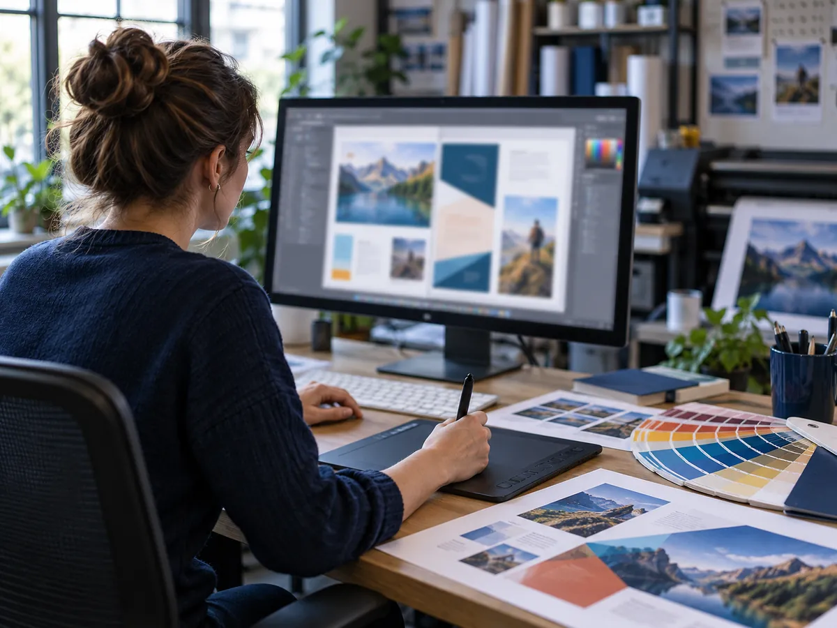 A designer laying out a brochure on a large monitor, with color proofs and a swatch book on the desk